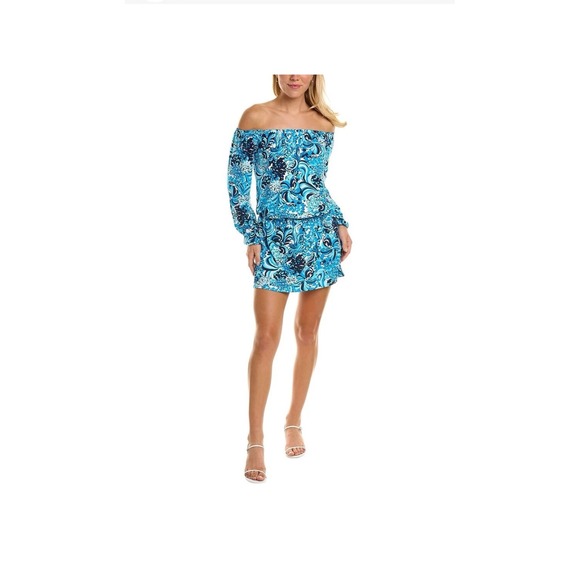 Lilly Pulitzer Pants - Lilly Pulitzer Blue Floral Paisley Off The Shoulder Long Sleeve Romper XXS